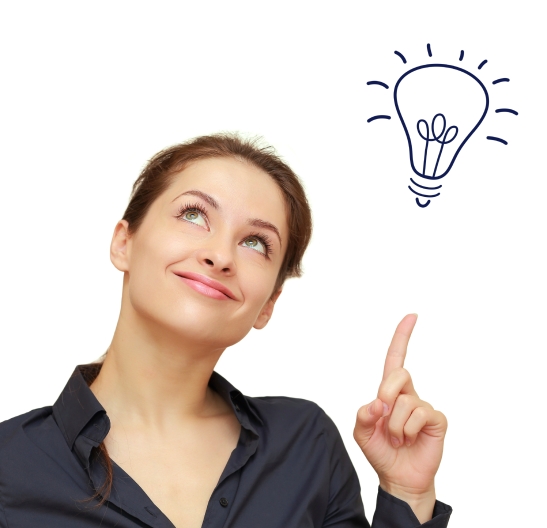 Beautiful business woman with idea light bulb above hand isolate